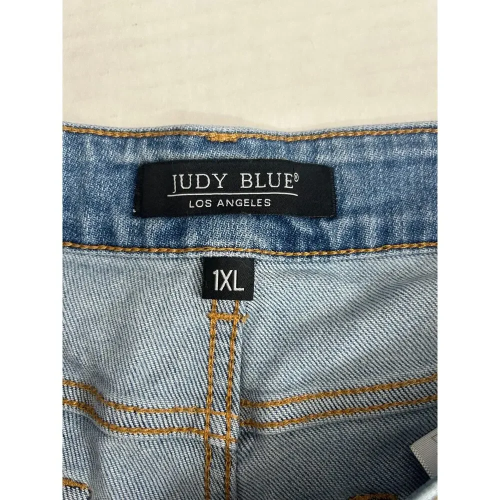 Judy Blue Jean Shorts Size 1XL Distressed High Rise Raw Hem Medium Wash Cut Off‎